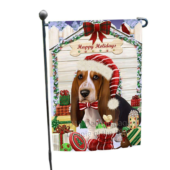 Happy Holidays Christmas Basset Hound Dog House with Presents Garden Flag GFLG51245