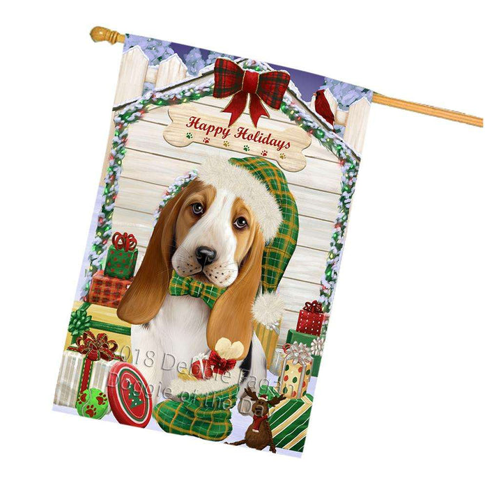 Happy Holidays Christmas Basset Hound Dog House with Presents House Flag FLG51378