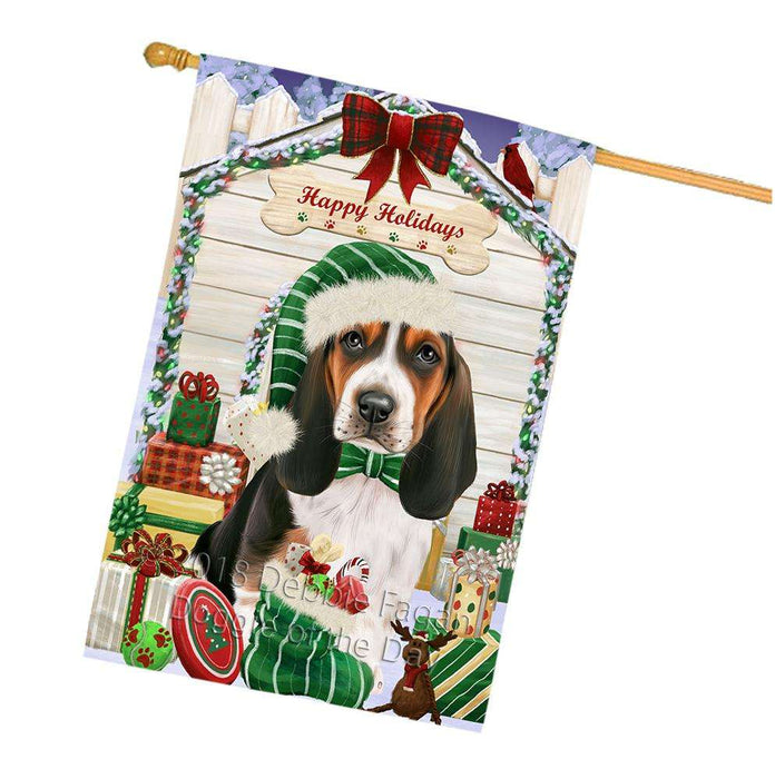 Happy Holidays Christmas Basset Hound Dog House with Presents House Flag FLG51379