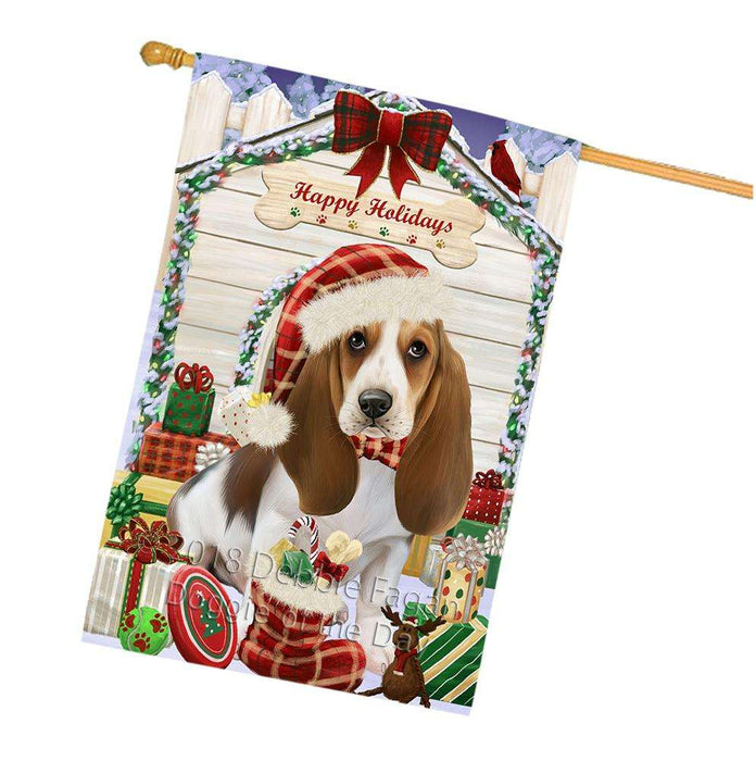 Happy Holidays Christmas Basset Hound Dog House with Presents House Flag FLG51380