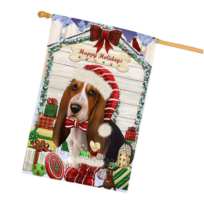Happy Holidays Christmas Basset Hound Dog House with Presents House Flag FLG51381