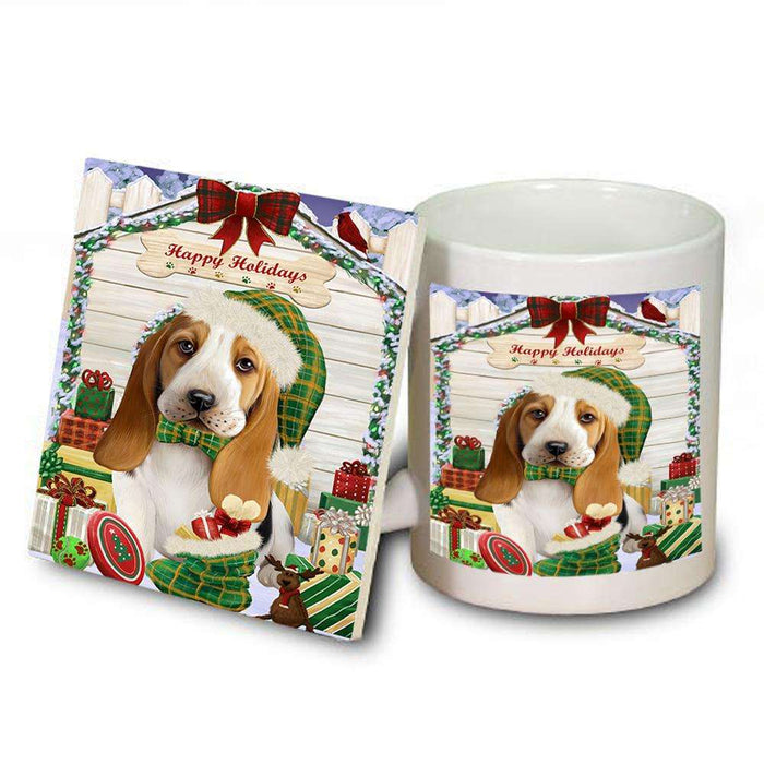Happy Holidays Christmas Basset Hound Dog House with Presents Mug and Coaster Set MUC51312