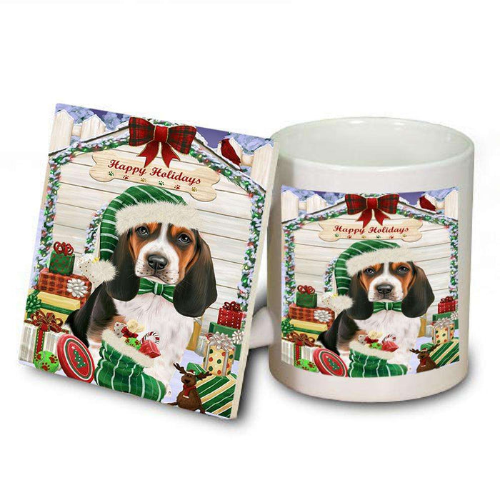 Happy Holidays Christmas Basset Hound Dog House with Presents Mug and Coaster Set MUC51313