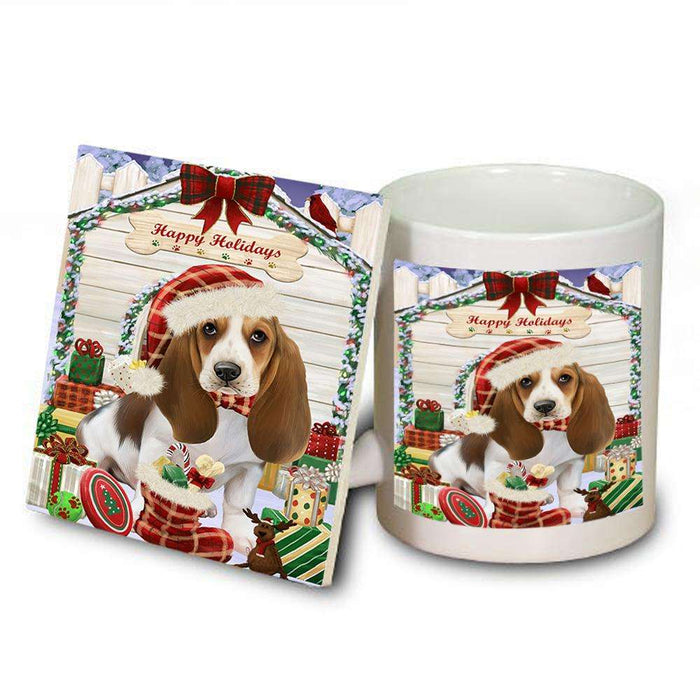 Happy Holidays Christmas Basset Hound Dog House with Presents Mug and Coaster Set MUC51314