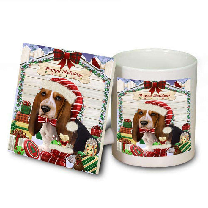 Happy Holidays Christmas Basset Hound Dog House with Presents Mug and Coaster Set MUC51315