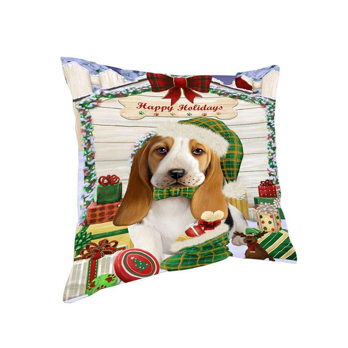 Happy Holidays Christmas Basset Hound Dog House with Presents Pillow PIL61344