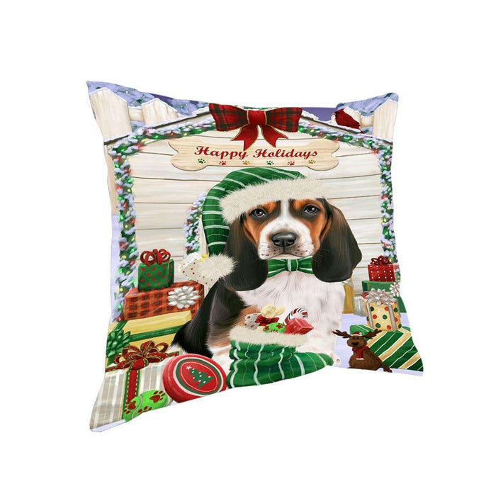 Happy Holidays Christmas Basset Hound Dog House with Presents Pillow PIL61348