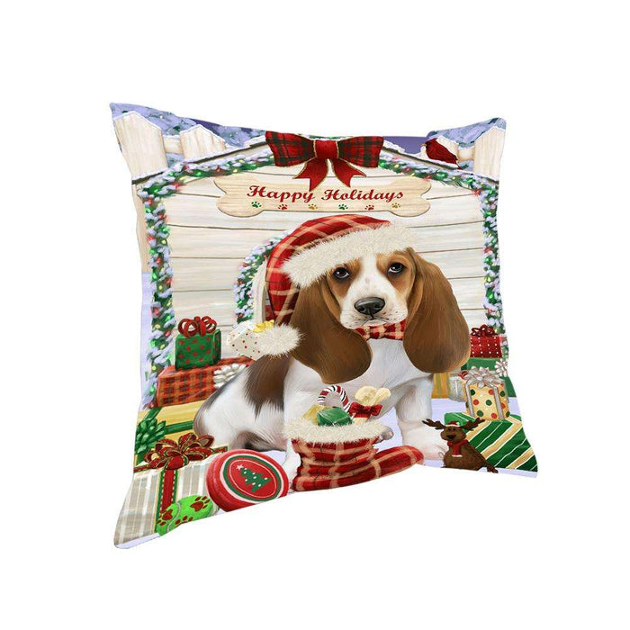 Happy Holidays Christmas Basset Hound Dog House with Presents Pillow PIL61352