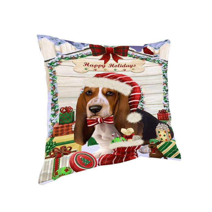 Happy Holidays Christmas Basset Hound Dog House with Presents Pillow PIL61356