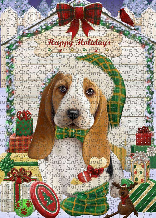Happy Holidays Christmas Basset Hound Dog House with Presents Puzzle with Photo Tin PUZL57822