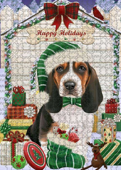 Happy Holidays Christmas Basset Hound Dog House with Presents Puzzle with Photo Tin PUZL57825