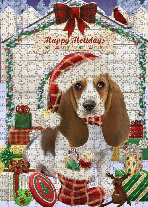 Happy Holidays Christmas Basset Hound Dog House with Presents Puzzle with Photo Tin PUZL57828