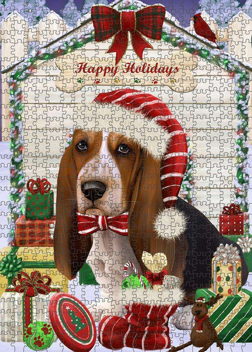 Happy Holidays Christmas Basset Hound Dog House with Presents Puzzle with Photo Tin PUZL57831