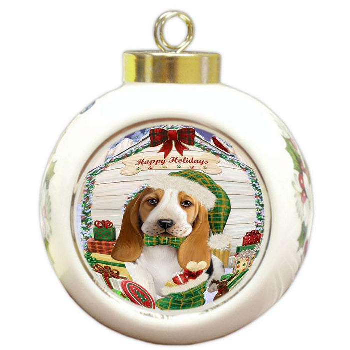 Happy Holidays Christmas Basset Hound Dog House with Presents Round Ball Christmas Ornament RBPOR51320