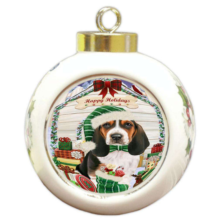 Happy Holidays Christmas Basset Hound Dog House with Presents Round Ball Christmas Ornament RBPOR51321
