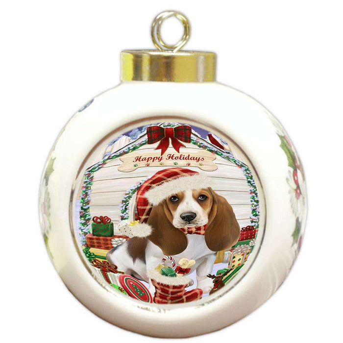 Happy Holidays Christmas Basset Hound Dog House with Presents Round Ball Christmas Ornament RBPOR51322