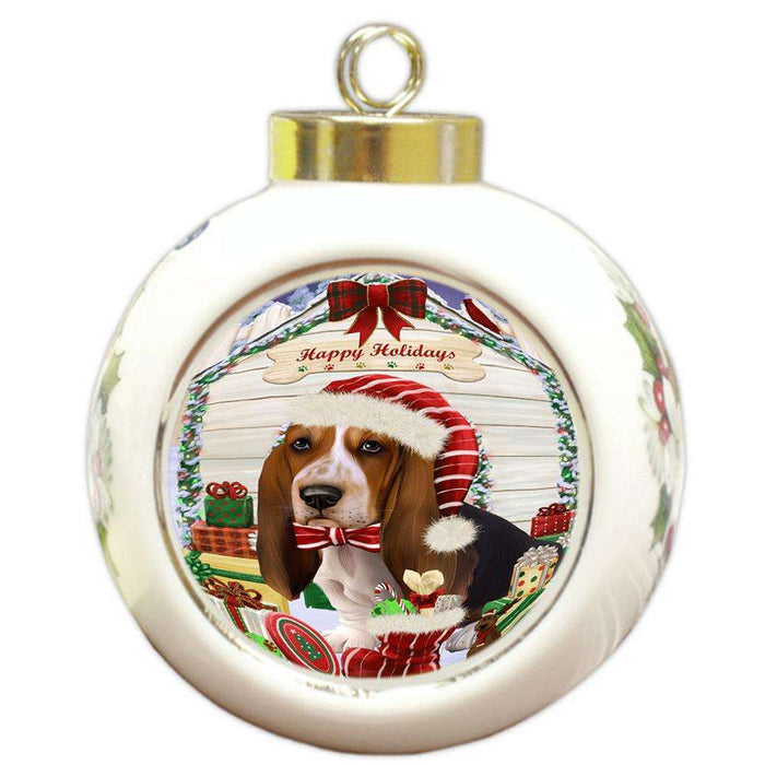 Happy Holidays Christmas Basset Hound Dog House with Presents Round Ball Christmas Ornament RBPOR51323