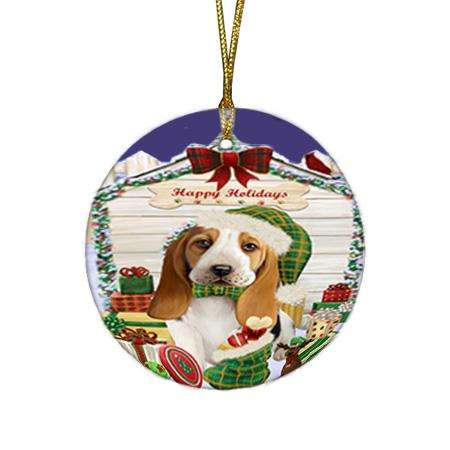 Happy Holidays Christmas Basset Hound Dog House with Presents Round Flat Christmas Ornament RFPOR51311