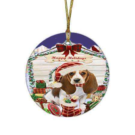 Happy Holidays Christmas Basset Hound Dog House with Presents Round Flat Christmas Ornament RFPOR51313