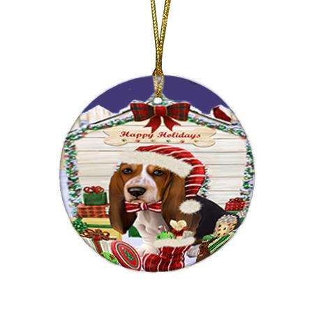 Happy Holidays Christmas Basset Hound Dog House with Presents Round Flat Christmas Ornament RFPOR51314