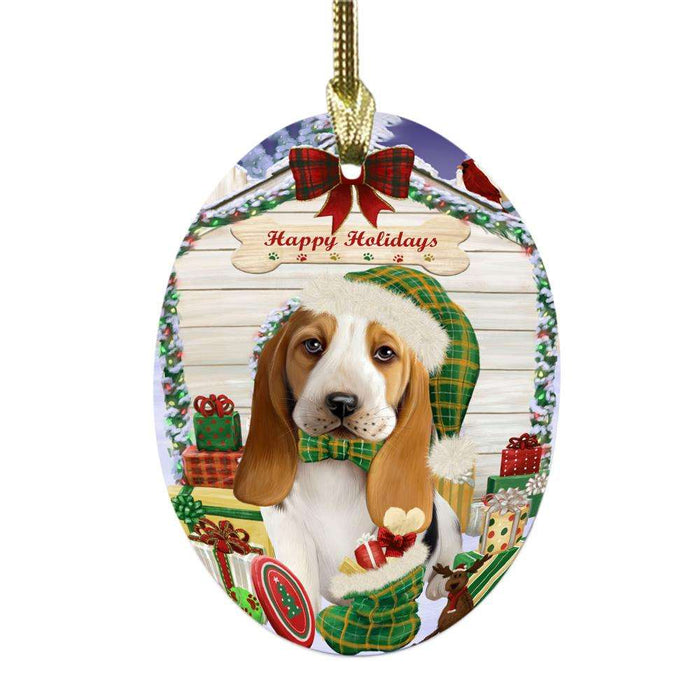Happy Holidays Christmas Basset Hound House With Presents Oval Glass Christmas Ornament OGOR49770
