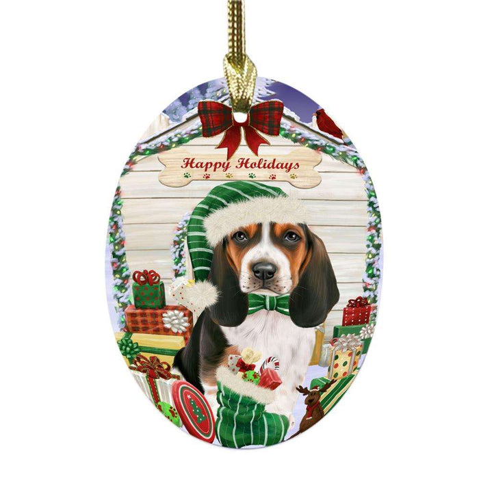 Happy Holidays Christmas Basset Hound House With Presents Oval Glass Christmas Ornament OGOR49771