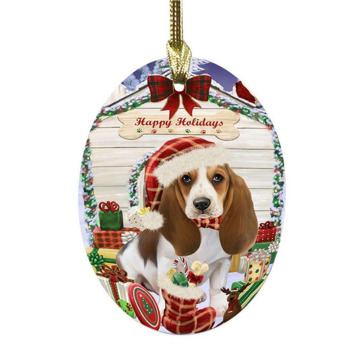 Happy Holidays Christmas Basset Hound House With Presents Oval Glass Christmas Ornament OGOR49772