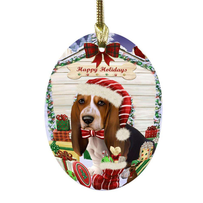Happy Holidays Christmas Basset Hound House With Presents Oval Glass Christmas Ornament OGOR49773