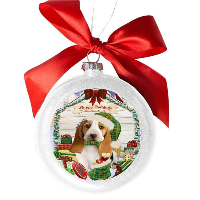 Happy Holidays Christmas Basset Hound House With Presents White Round Ball Christmas Ornament WBSOR49770