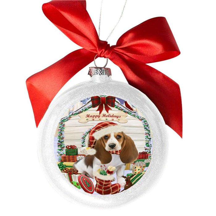 Happy Holidays Christmas Basset Hound House With Presents White Round Ball Christmas Ornament WBSOR49772