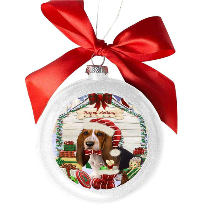 Happy Holidays Christmas Basset Hound House With Presents White Round Ball Christmas Ornament WBSOR49773