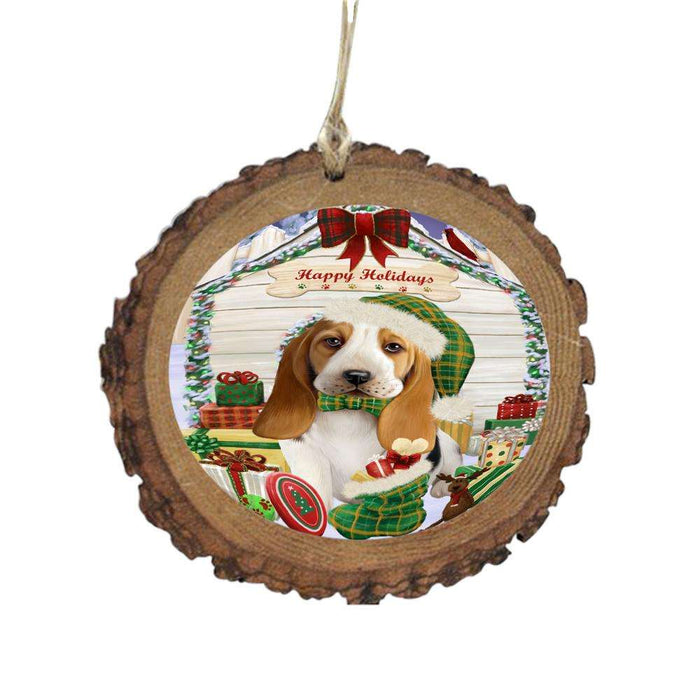 Happy Holidays Christmas Basset Hound House With Presents Wooden Christmas Ornament WOR49770