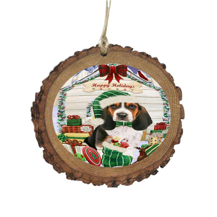 Happy Holidays Christmas Basset Hound House With Presents Wooden Christmas Ornament WOR49771