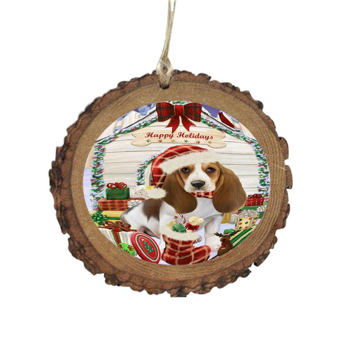 Happy Holidays Christmas Basset Hound House With Presents Wooden Christmas Ornament WOR49772