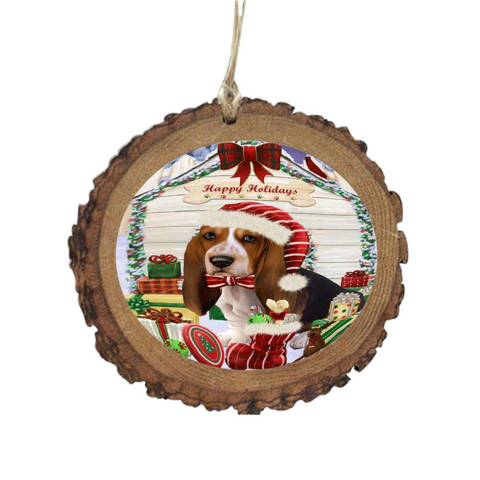 Happy Holidays Christmas Basset Hound House With Presents Wooden Christmas Ornament WOR49773