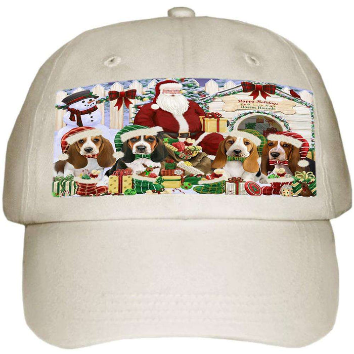 Happy Holidays Christmas Basset Hounds Dog House Gathering Ball Hat Cap HAT57561