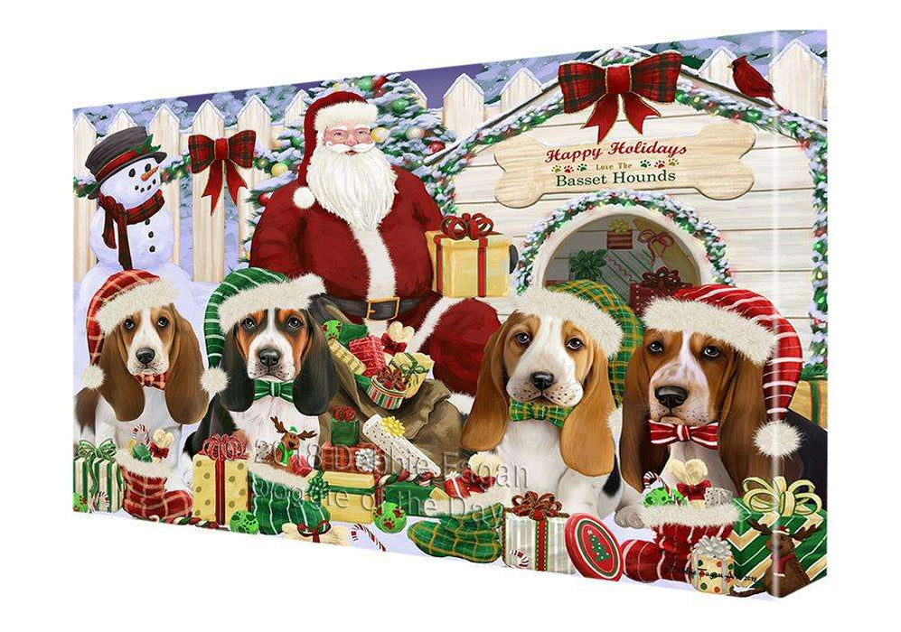 Happy Holidays Christmas Basset Hounds Dog House Gathering Canvas Print Wall Art Décor CVS78074