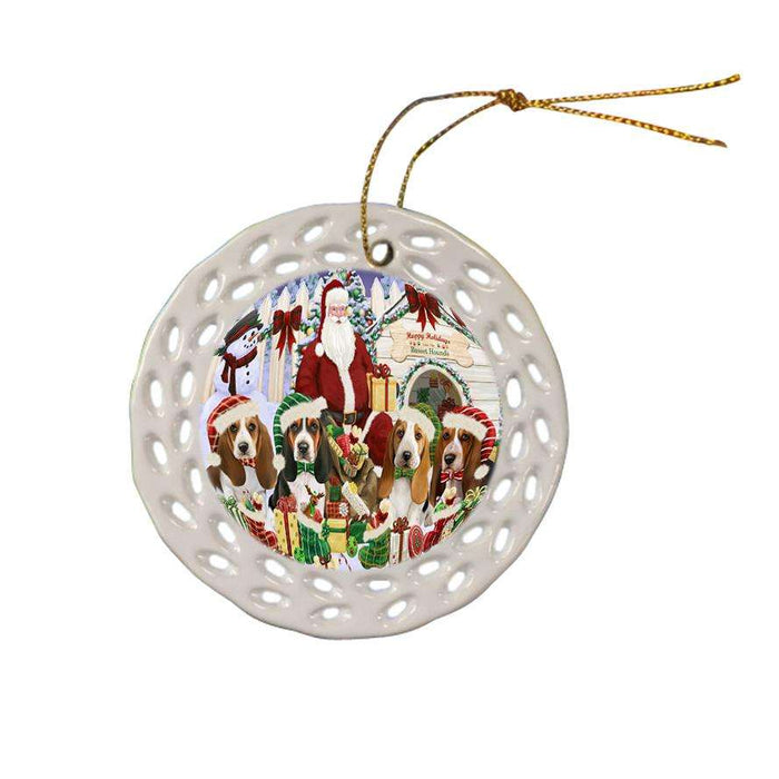 Happy Holidays Christmas Basset Hounds Dog House Gathering Ceramic Doily Ornament DPOR51276
