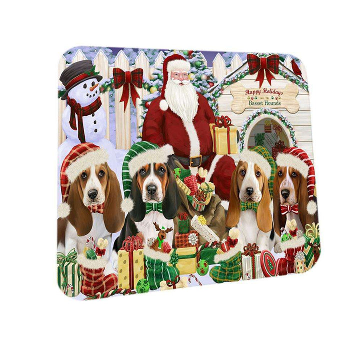 Happy Holidays Christmas Basset Hounds Dog House Gathering Coasters Set of 4 CST51235