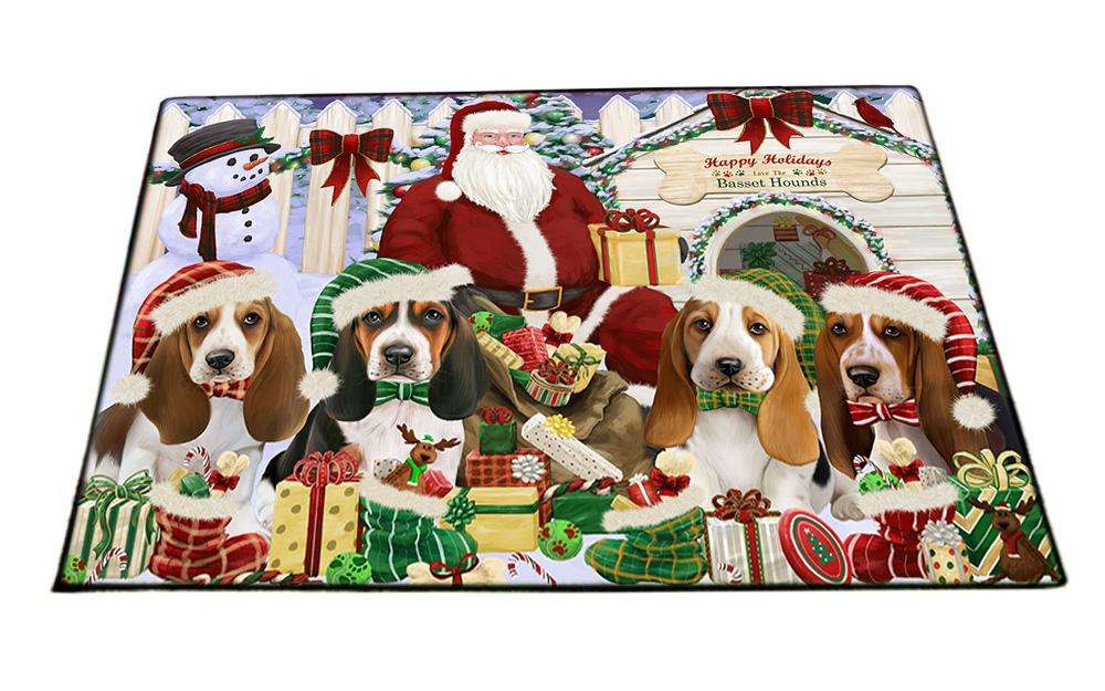 Happy Holidays Christmas Basset Hounds Dog House Gathering Floormat FLMS51039
