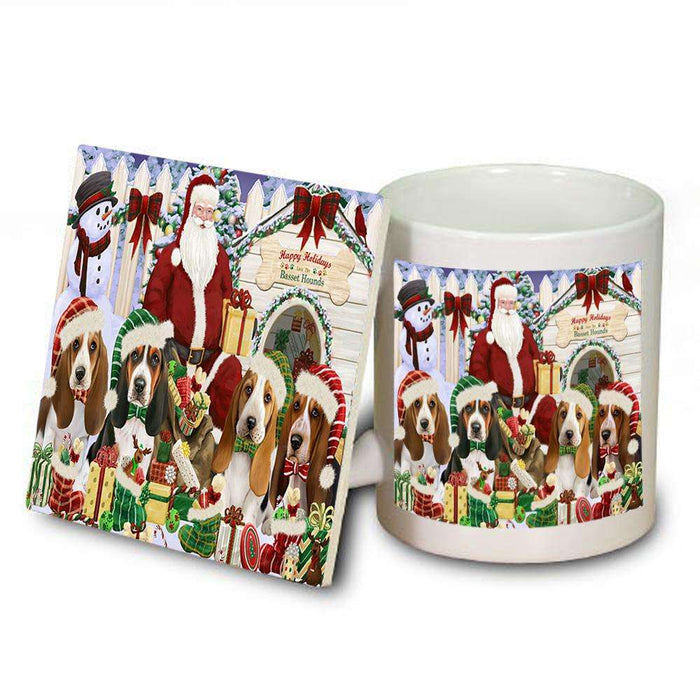 Happy Holidays Christmas Basset Hounds Dog House Gathering Mug and Coaster Set MUC51268