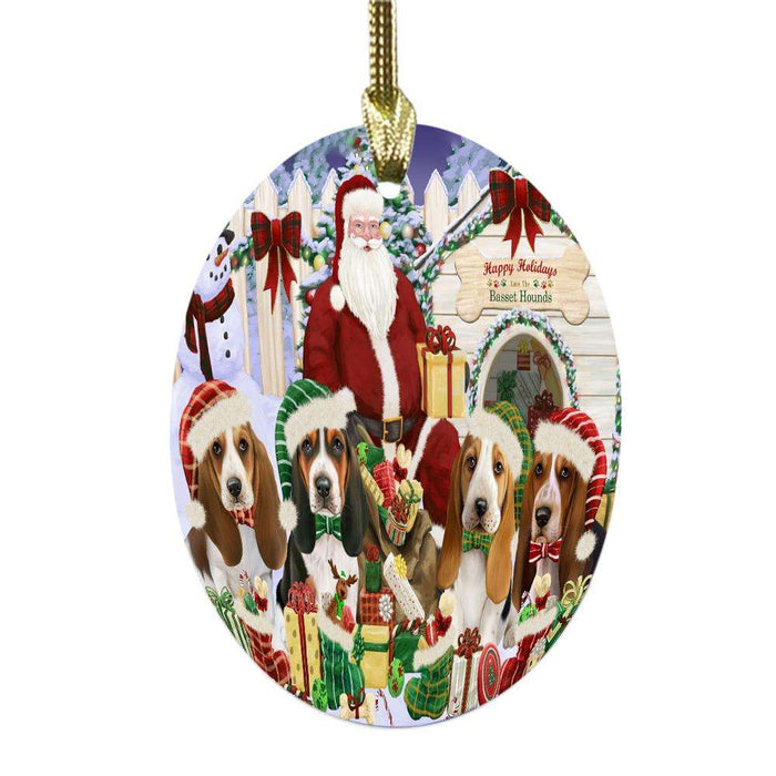 Happy Holidays Christmas Basset Hounds Dog House Gathering Oval Glass Christmas Ornament OGOR49679