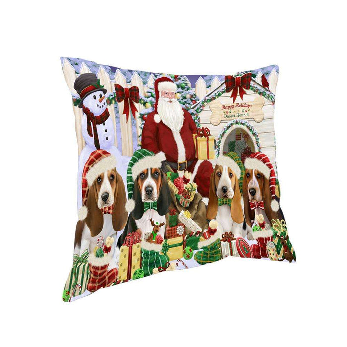 Happy Holidays Christmas Basset Hounds Dog House Gathering Pillow PIL61168