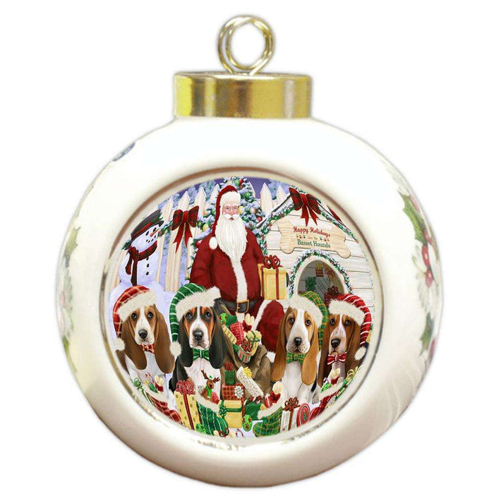 Happy Holidays Christmas Basset Hounds Dog House Gathering Round Ball Christmas Ornament RBPOR51276