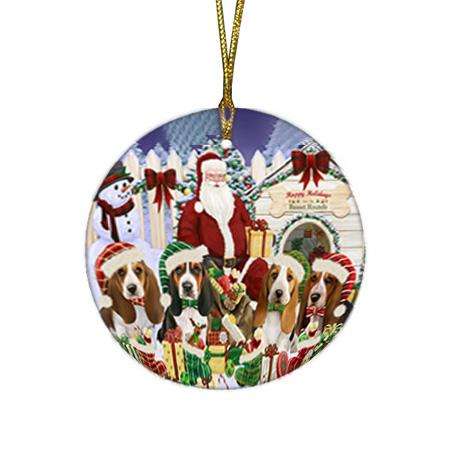 Happy Holidays Christmas Basset Hounds Dog House Gathering Round Flat Christmas Ornament RFPOR51267