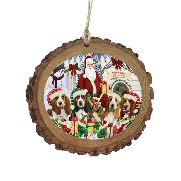 Happy Holidays Christmas Basset Hounds Dog House Gathering Wooden Christmas Ornament WOR49679