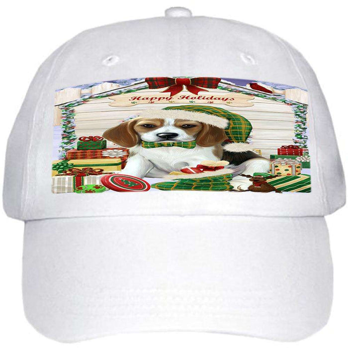 Happy Holidays Christmas Beagle Dog House with Presents Ball Hat Cap HAT57705