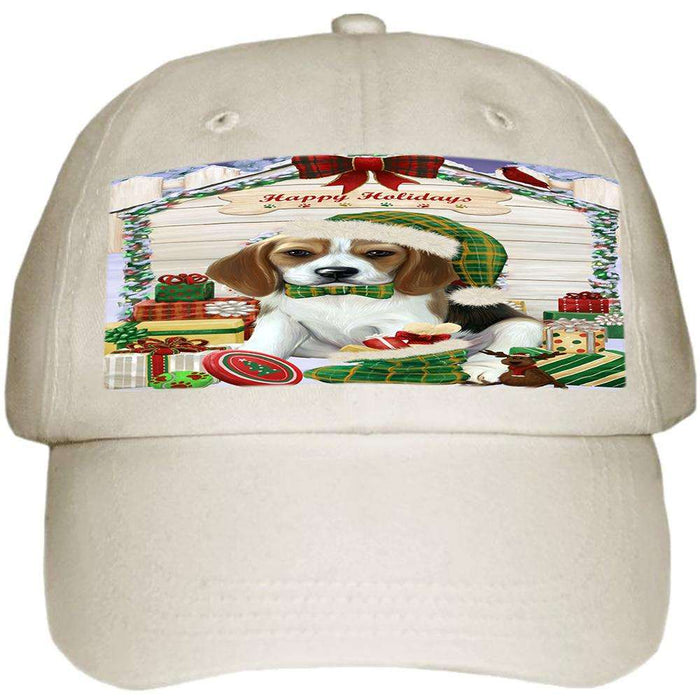 Happy Holidays Christmas Beagle Dog House with Presents Ball Hat Cap HAT57705