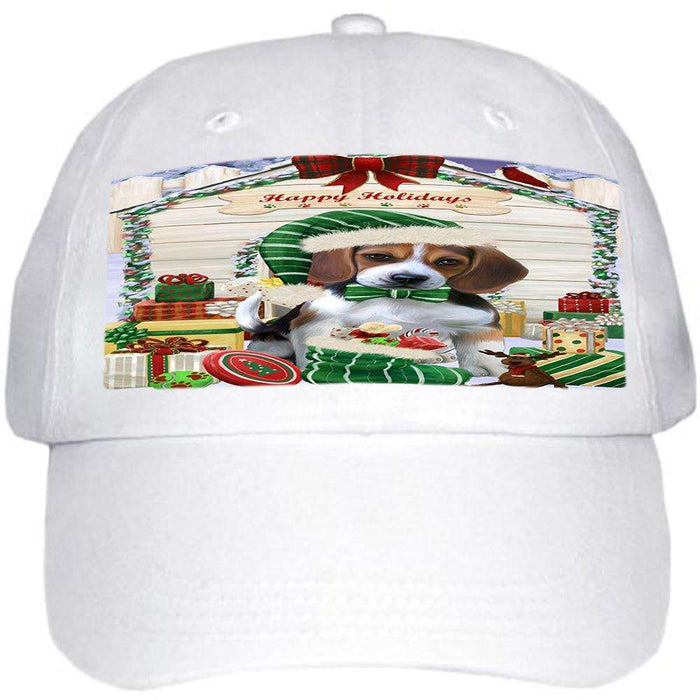 Happy Holidays Christmas Beagle Dog House with Presents Ball Hat Cap HAT57708