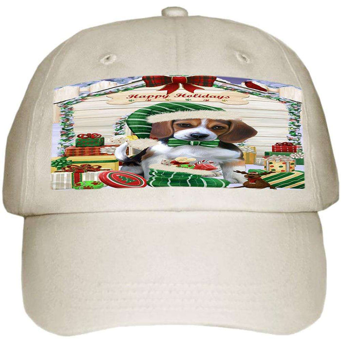 Happy Holidays Christmas Beagle Dog House with Presents Ball Hat Cap HAT57708